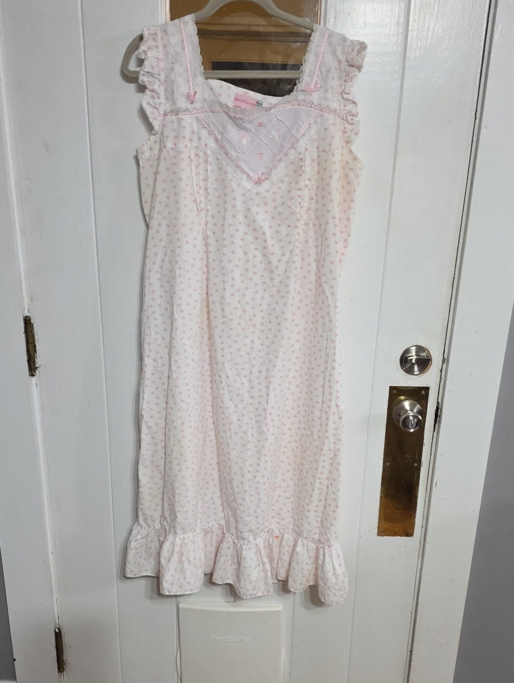 Moon Dance Womens Nightgown Cotton Blend White/Pink Flowers Lace Ruffle Sz L EUC